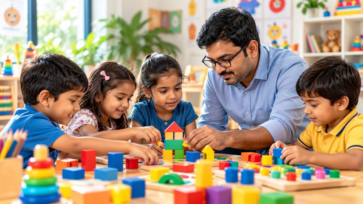 Therapist supporting a child at a child development centre in Kerala