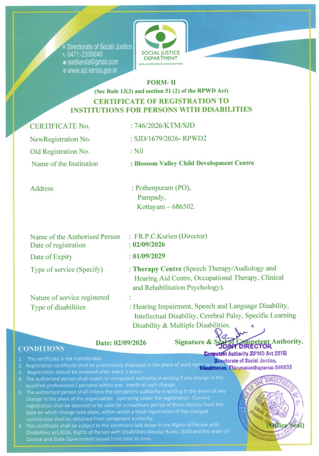 Blossom Valley Child Development Centre official registration certificate from the Department of Social Justice, Government of Kerala